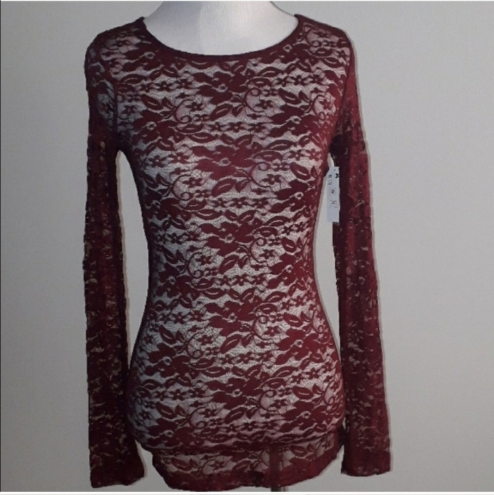 Sheer Lace Stretch Long Sleeve Shirt - Picture 2 of 7